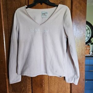 Torch Lake Light Pink Fuzzy V‑Neck Sweatshirt Women’s Medium Cozy Michigan Lake